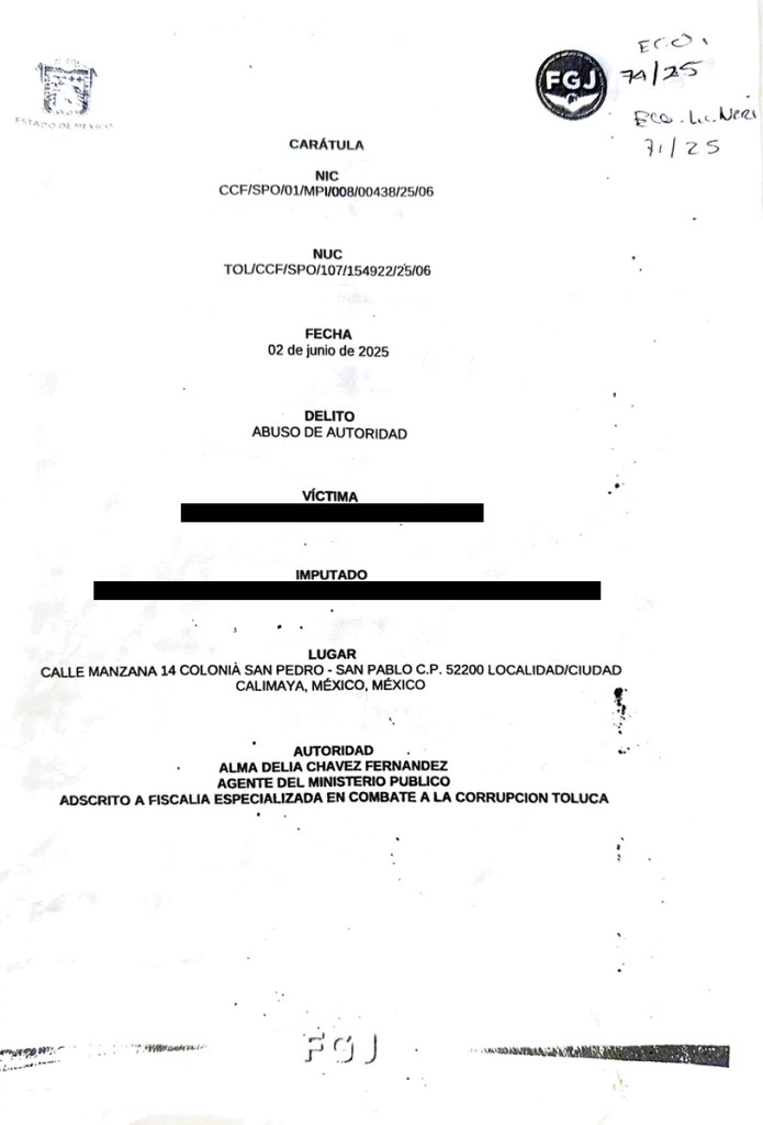 Documento oficial con encabezado del Estado de México, que incluye detalles sobre un caso de abuso de autoridad. Presenta la información de la víctima, imputado, lugar de los hechos, y autoridad responsable.