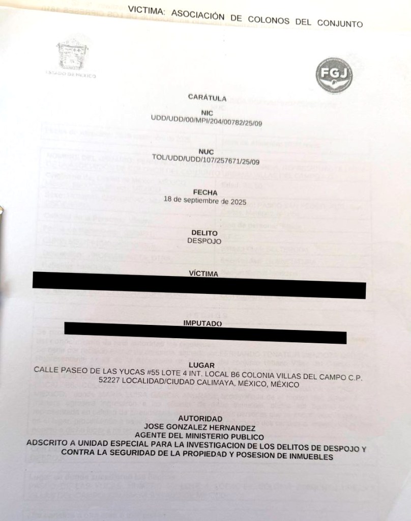 Documento oficial relacionado con un caso de despojo. Incluye información sobre la víctima, el imputado, la ubicación del incidente y la autoridad responsable.