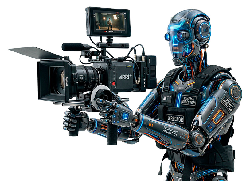 Robot cinematográfico sosteniendo una cámara ARRI con pantalla, equipado con luces LED y vestimenta de director.