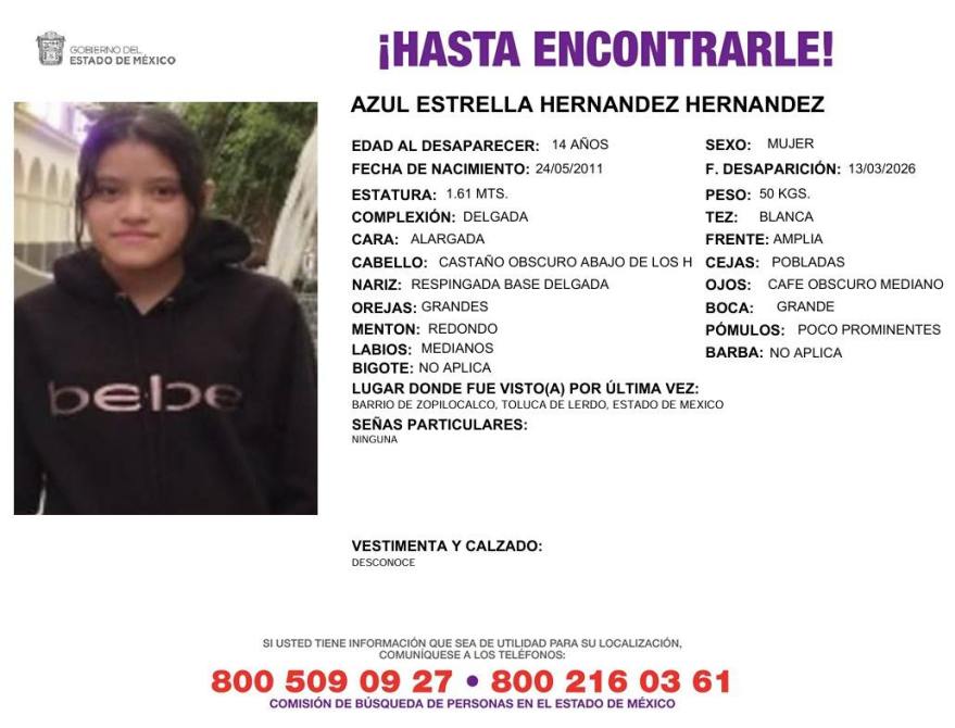 Cartel de búsqueda de Azul Estrella Hernández Hernández, una adolescente de 14 años desaparecida en México, con detalles sobre su apariencia y última ubicación.