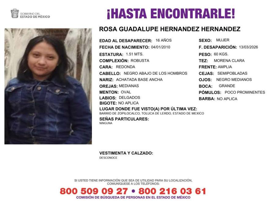 Cartel de búsqueda de Rosa Guadalupe Hernández Hernández, desaparecida a los 16 años, con descripción física y datos de contacto para información.