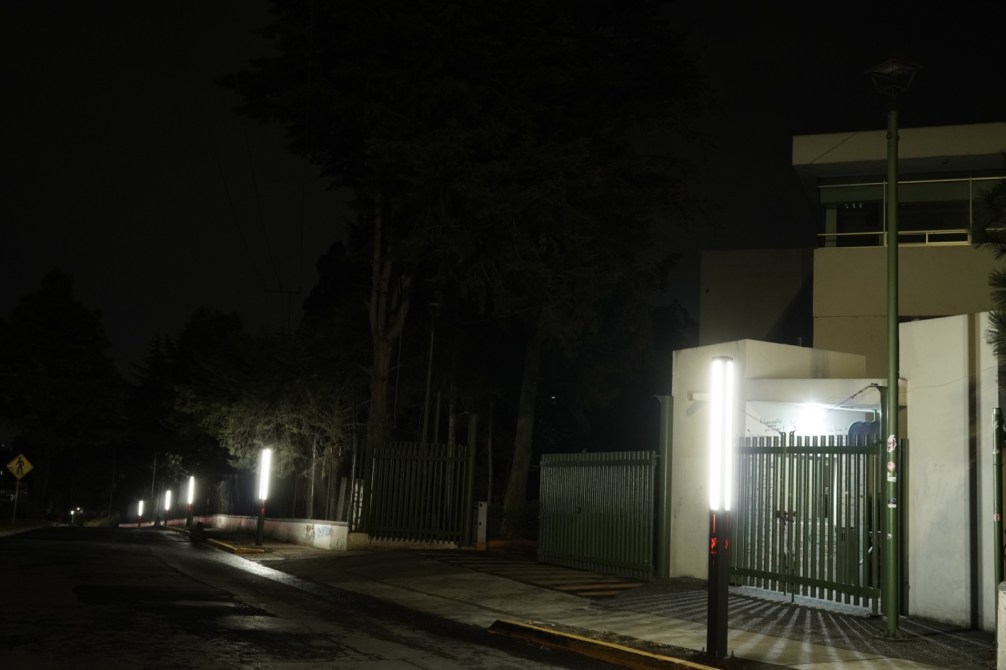 Entrada iluminada de un edificio con una puerta verde, rodeada de árboles, en una noche oscura.