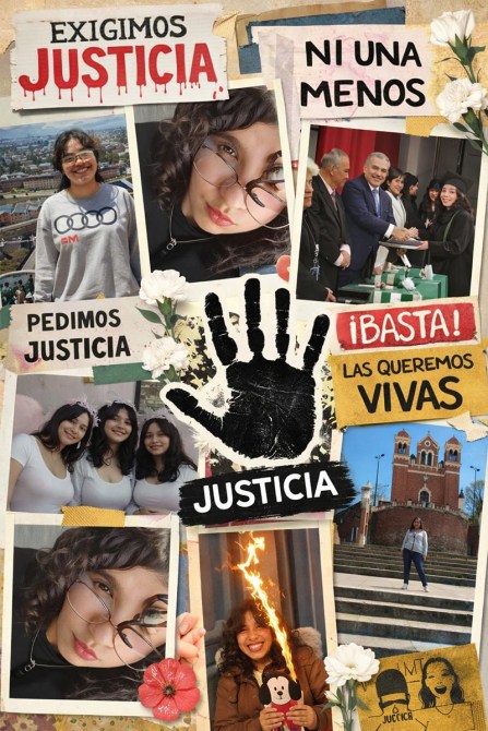 Collage con mensajes de protesta por justicia, incluyendo fotografías de personas y frases como 'Exigimos Justicia', 'Ni Una Menos', 'Pedimos Justicia', y 'Las Queremos Vivas'.