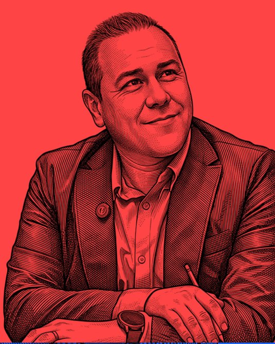 Retrato estilizado de un hombre sonriente, vestido con chaqueta, sobre fondo rojo.