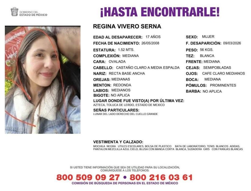 Cartel de desaparición de Regina Vivero Serna, mujer de 17 años. Incluye detalles sobre su apariencia, lugar de desaparición y contactos para información.