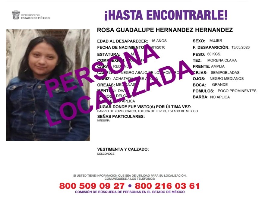 Cartel de búsqueda de Rosa Guadalupe Hernández Hernández, desaparecida desde el 13 de marzo de 2026, con detalles sobre su apariencia y última ubicación.