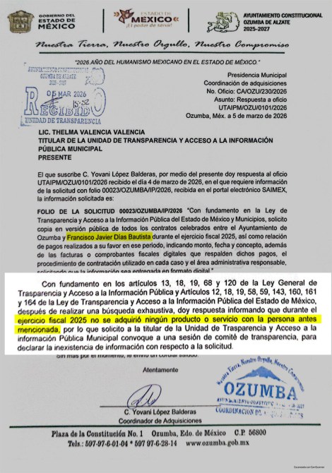 Carta oficial del Ayuntamiento de Ozumba, México, dirigida a la titular de la Unidad de Transparencia y Acceso a la Información, donde se menciona la respuesta a un oficio solicitado sobre adquisiciones.