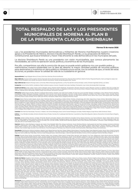 Documento que expresa el respaldo total de los presidentes municipales de Morena al Plan B de la presidenta Claudia Sheinbaum, fechado el 13 de marzo de 2026.