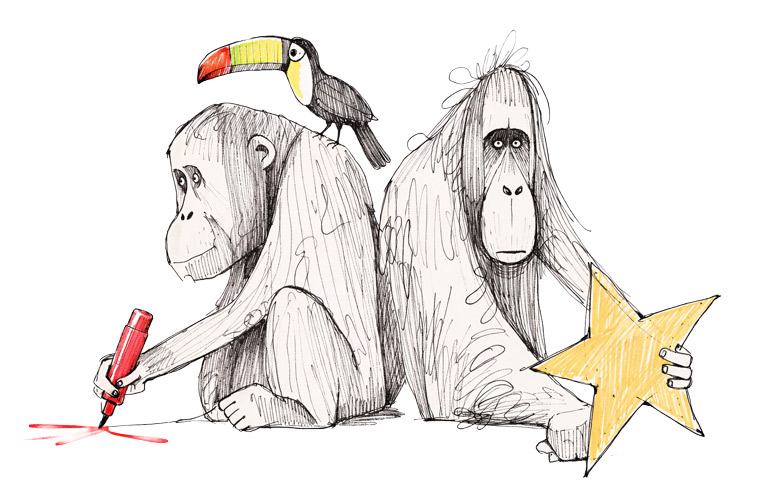 Dos monos sentados, uno dibujando con un marcador rojo y el otro sosteniendo una estrella amarilla, con un tucán posado sobre el mono que dibuja.