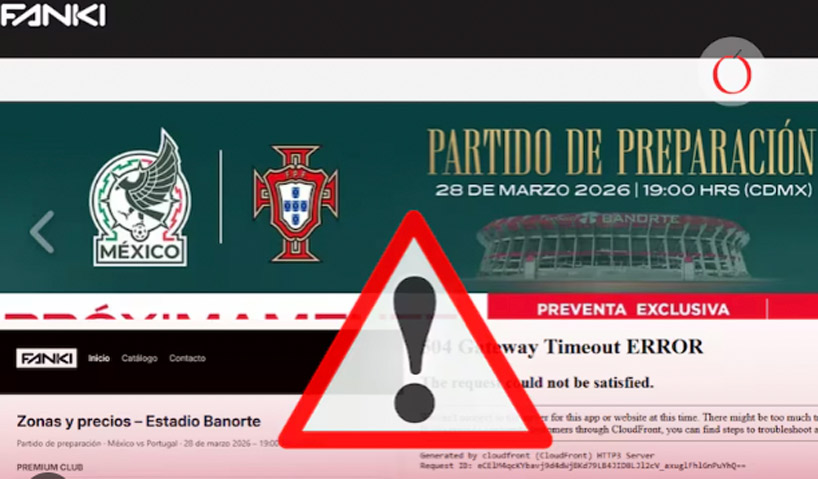 Página de error de tiempo de espera, con logos de la selección de México y Portugal, anunciando un partido de preparación el 28 de marzo de 2026 en el Estadio Banorte.