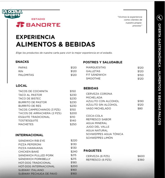 Menú de alimentos y bebidas del Estadio Banorte con precios y opciones variadas como snacks, postres y platillos locales e internacionales.