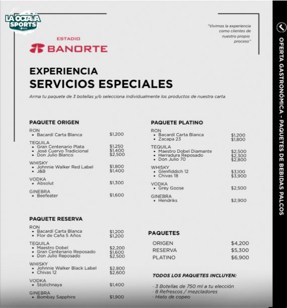 Carta de servicios especiales en el Estadio Banorte, detallando paquetes de bebidas como Origen, Platino y Reserva, con precios y opciones de rones, tequilas, whiskies, vodkas y gines.