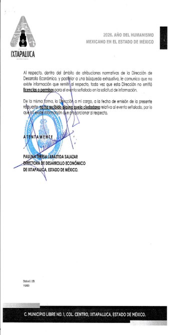 Documento oficial de la Dirección de Desarrollo Económico de Ixtapaluca, México, con información sobre licencias y permisos para un evento, firmado por la directora Paula Andrea Salazar.