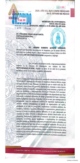 Documento oficial del Ayuntamiento de Ixtapaluca, México, fechado el 15 de abril de 2026, con el encabezado '2026. AÑO DEL HUMANISMO MEXICANO'. Incluye un mensaje dirigido a Guillermo Edgar Salas García y asuntos relacionados con la administración municipal.