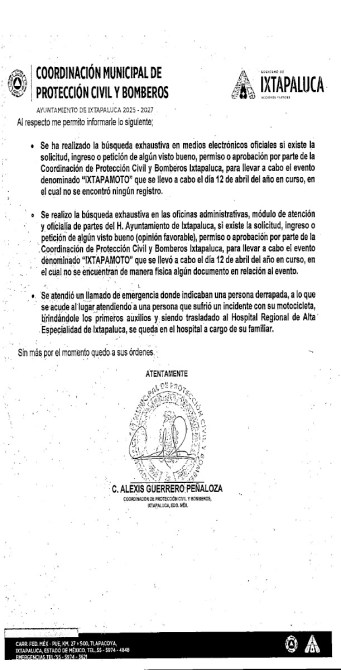 Documento oficial de la Coordinación Municipal de Protección Civil y Bomberos de Ixtapaluca, que detalla la atención a una solicitud y el desarrollo de un evento llamado 'XTAPAMOTOT', así como la atención a una emergencia.