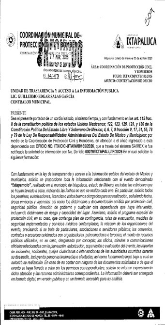 Documento oficial de la Coordinación Municipal de Protección Civil y Bomberos de Ixtapaluca, abordando el acceso a la información pública y la transparencia.