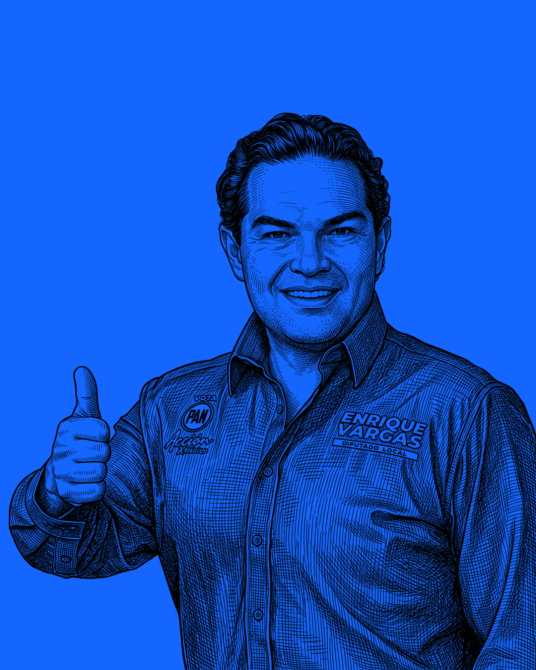 Retrato digital de un hombre con camisa de color azul y un pulgar hacia arriba, sobre un fondo azul.