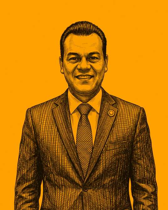 Retrato estilizado de un hombre sonriendo, vestido con traje y corbata, frente a un fondo naranja.