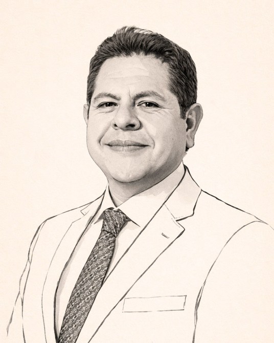 Retrato de un hombre sonriente, con cabello oscuro y corto, vestido con un traje blanco y corbata de diseño. El fondo es claro y suave.