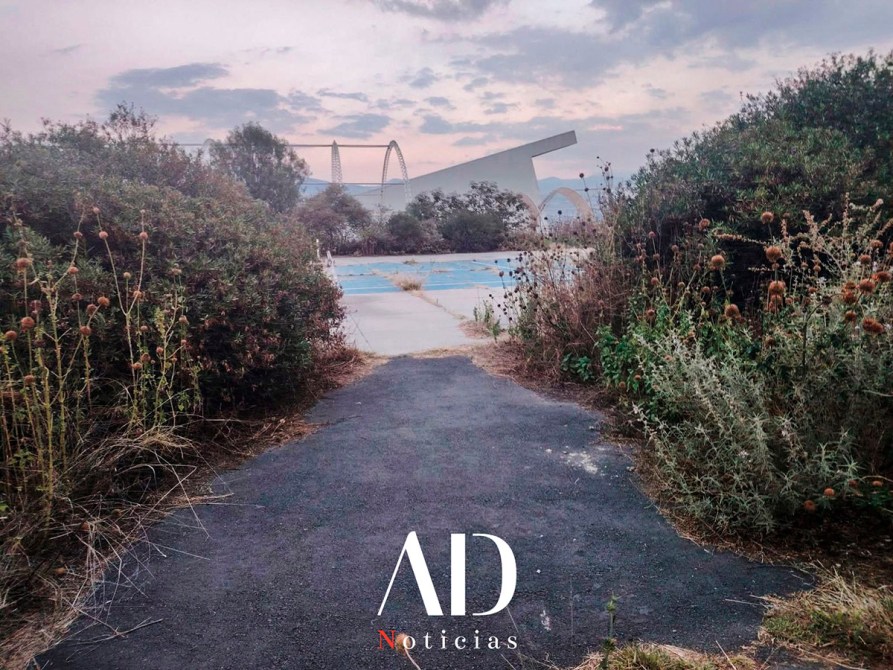 Sendero pavimentado rodeado de vegetación y arbustos, con una estructura arquitectónica visible al fondo y un cielo nublado.
