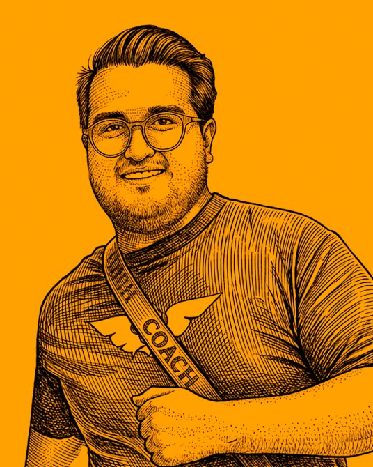 Ilustración de un hombre sonriendo, con gafas y camiseta negra. Lleva una banda que dice 'COACH' en un fondo naranja.