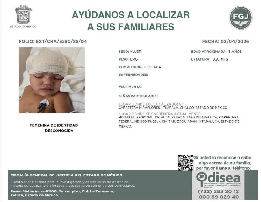 Cartel informativo solicitando ayuda para localizar a una niña de 3 años con identidad desconocida, que se encuentra hospitalizada en Ixtapaluca, Estado de México.