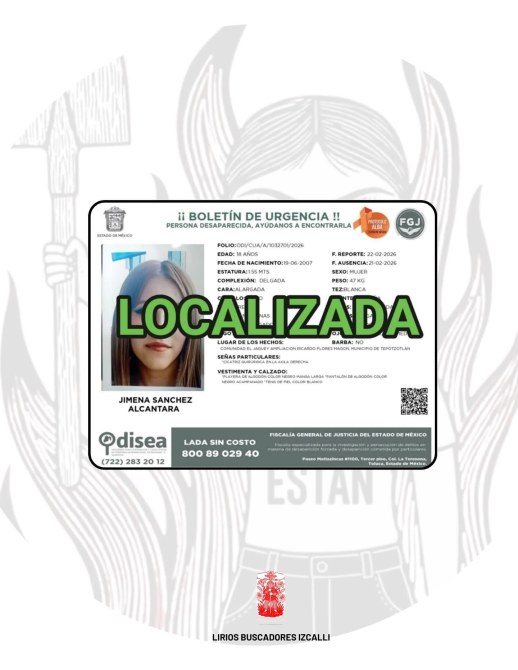 Boletín de urgencia sobre persona localizada, Jimena Sánchez Alcántara. Incluye datos personales y contacto para ayuda.
