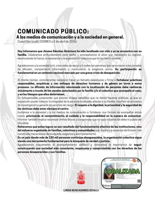 Comunicado público sobre la localización de Jimena Sánchez Alcántara, celebrado por la comunidad y su familia, enfatizando la importancia de la información responsable y el apoyo a personas desaparecidas.