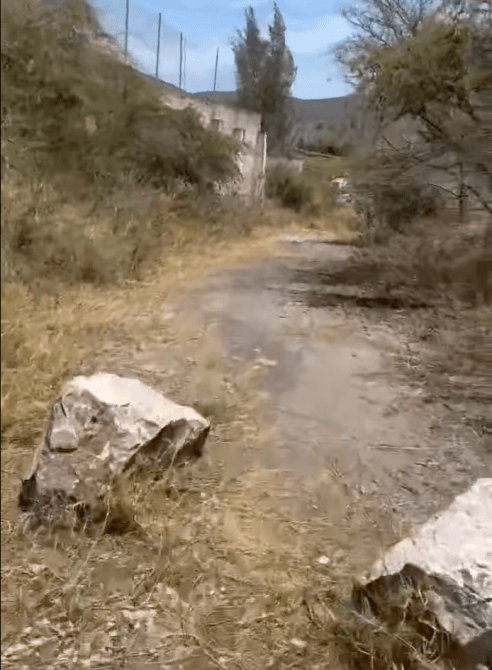 Sendero de tierra rodeado de vegetación seca y piedras grandes, con un paisaje montañoso al fondo.