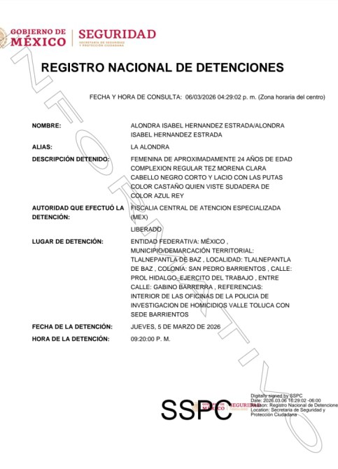 Documento oficial que muestra el registro nacional de detenciones en México. Incluye información sobre la detenida Alondra Isabel Hernández Estrada, detalles de la detención y la autoridad que la llevó a cabo.