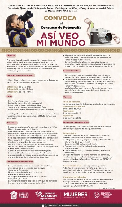 Convocatoria para el concurso de fotografía 'Así veo mi mundo', promovido por el Gobierno del Estado de México para niños y adolescentes.