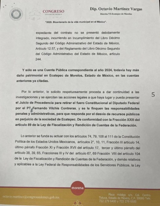Documento oficial del Congreso del Estado de México, firmado por el Diputado Octavio Martínez Vargas, que aborda irregularidades en el manejo de cuentas públicas de Ecatepec y solicita la continuación de investigaciones legales.