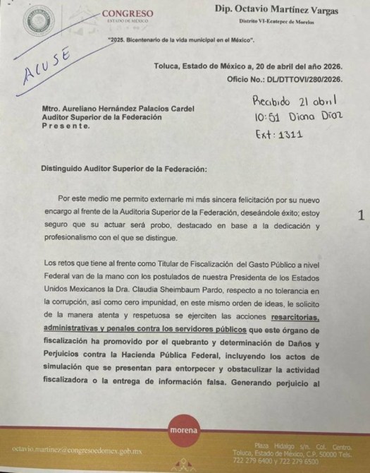 Carta formal del Diputado Octavio Martínez Vargas dirigida al Auditor Superior de la Federación, Aureliano Hernández, felicitándolo por su nuevo cargo y discutiendo retos en la fiscalización pública.