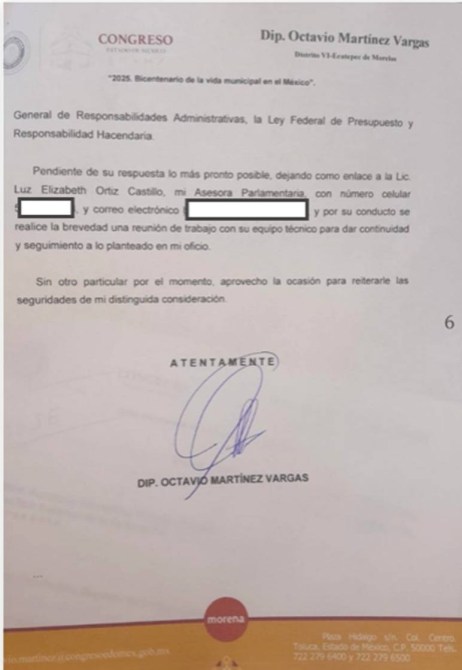 Carta oficial del Diputado Octavio Martínez Vargas, dirigida a Luz Elizabeth Ortiz Castillo, mencionando asuntos administrativos y de continuidad en el trabajo legislativo.