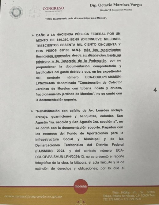 Documento oficial del Congreso del Estado de México, firmado por el Diputado Octavio Martínez Vargas, que detalla la asignación a la Hacienda Pública Federal por un monto específico relacionado con proyectos de infraestructura municipal.