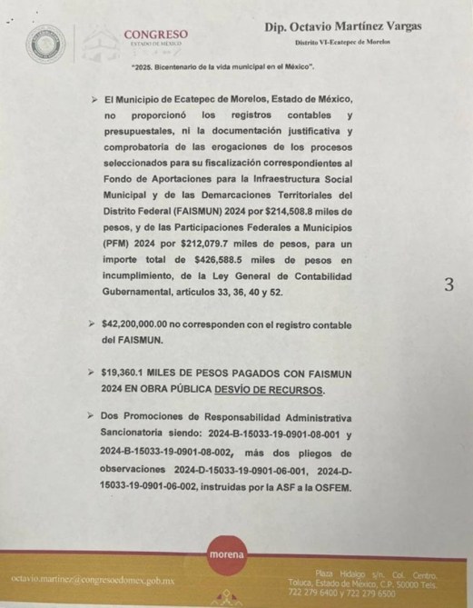 Documento del Congreso de México sobre el manejo de recursos del Municipio de Ecatepec de Morelos, mencionando irregularidades en registros contables y presupuestales del FAISMun y PFM para 2024.