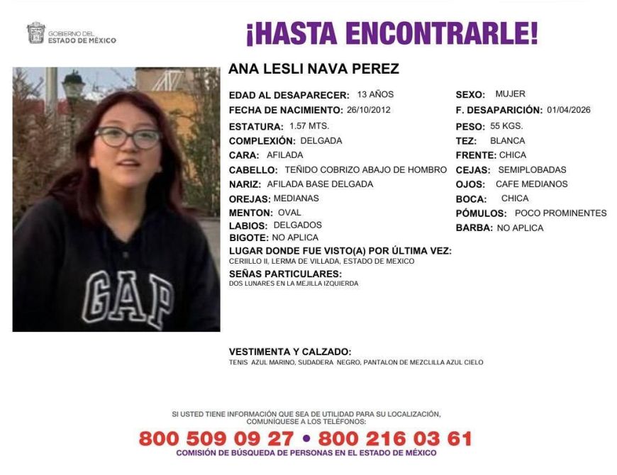 Cartel de desaparición de Ana Lesli Nava Pérez, chica de 13 años con características físicas y detalles del último lugar donde fue vista. Incluye información de contacto para reportes.