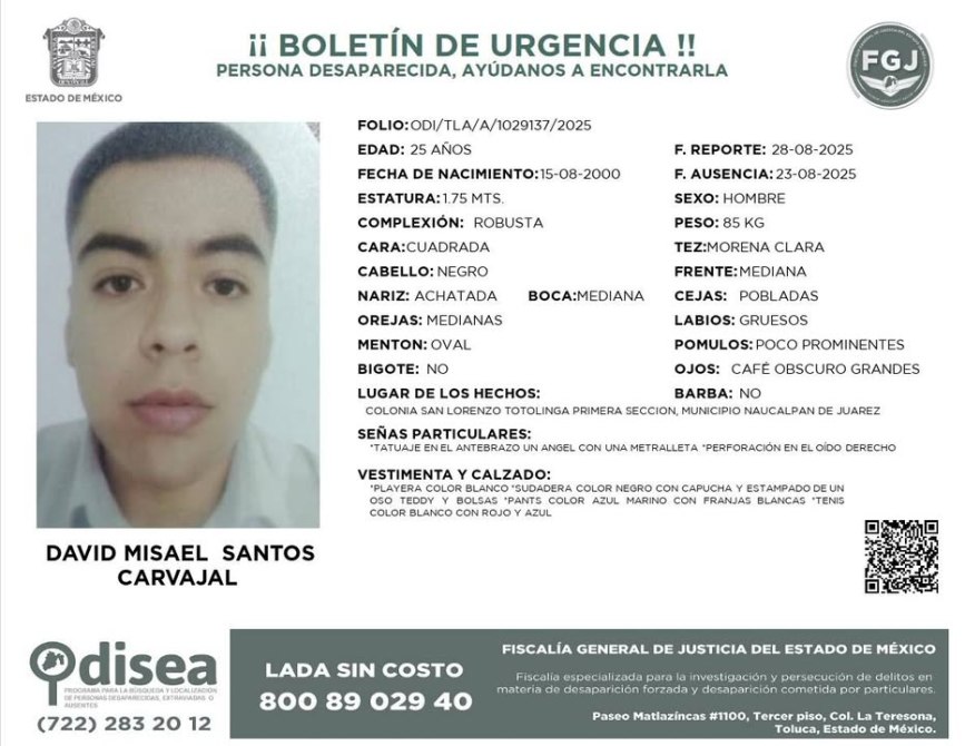 Boletín de urgencia para persona desaparecida, David Misael Santos Carvajal, 25 años, 1.75 m, complexión robusta, cabello negro. Detalles de desaparición y características físicas.