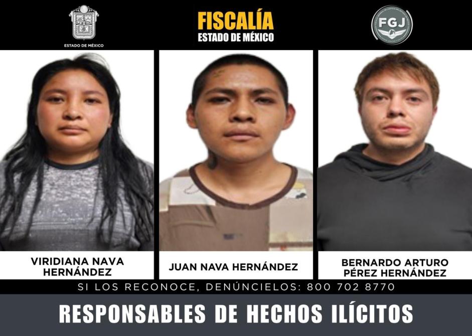 Imagen de tres personas identificadas como responsables de hechos ilícitos, con sus nombres y un número de denuncia en la parte inferior.