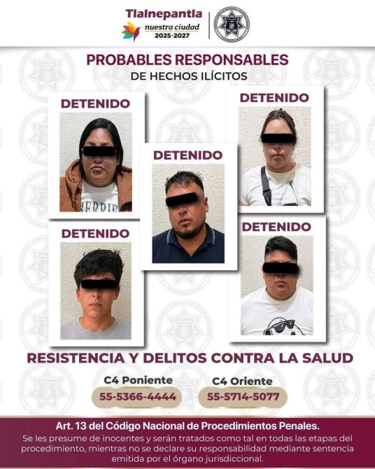 Imagen que muestra a seis personas detenidas, identificadas como probables responsables de hechos ilícitos, con la leyenda 'Detenido' sobre cada foto. Incluye información de contacto para reportes.