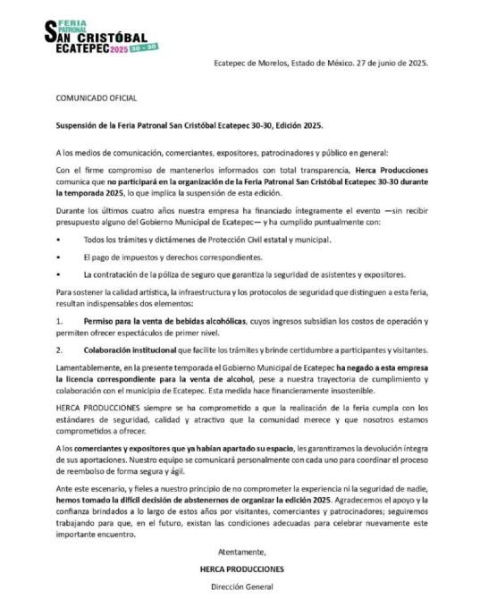 Comunicado oficial sobre la suspensión de la Feria Patronal San Cristóbal Ecatepec 30-30, Edición 2025, emitido por Herca Producciones.