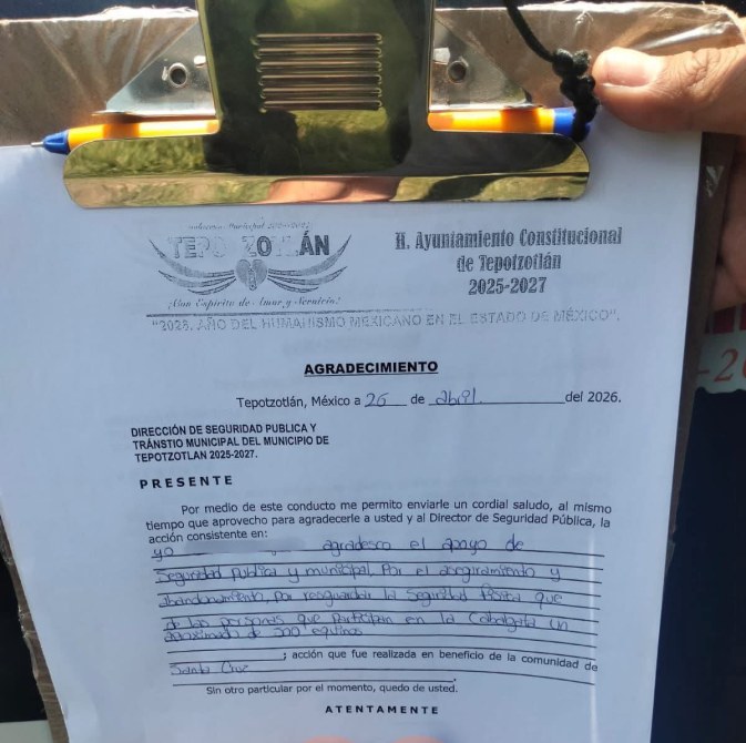 Documento de agradecimiento dirigido a la Dirección de Seguridad Pública y Tránsito Municipal de Tepotzotlán, con fecha del 26 de abril de 2021.