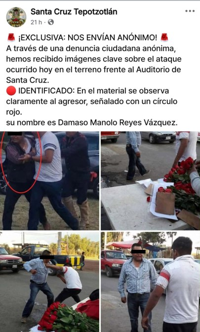 Un aviso sobre un ataque ocurrido en Santa Cruz Tepotzotlán, mostrando imágenes del agresor identificado con un círculo rojo, y personas en el lugar del incidente.