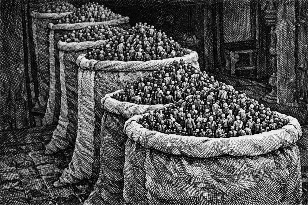 Tres grandes sacos llenos de figuras humanas, representando una multitud en un ambiente oscuro.