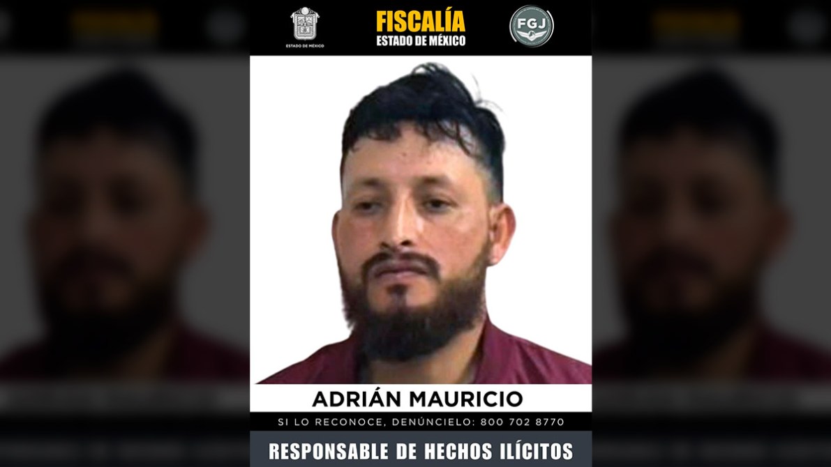 Retrato de un hombre con barba y cabello corto, llevando una camisa de color burdeos. La imagen incluye texto que dice 'Adrián Mauricio' y un aviso sobre la denuncia de hechos ilícitos.