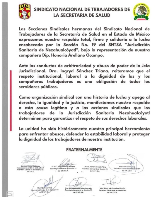 Documento del Sindicato Nacional de Trabajadores de la Secretaría de Salud en México, que expresa apoyo a la lucha de la Sección No. 19 del SNTA por respeto laboral y dignidad de los trabajadores.