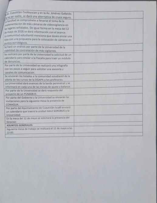 Documento que detalla puntos de avance y acciones relacionadas con la seguridad en la comunidad, incluyendo la colocación de cámaras y la contratación de vigilantes.