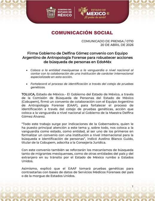 Comunicado de prensa del Gobierno del Estado de México sobre convenio con el Equipo Argentino de Antropología Forense para mejorar acciones de búsqueda de personas.