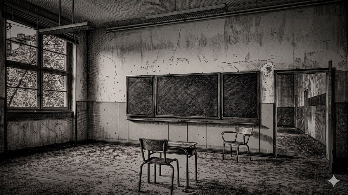 Aula vacía con dos sillas y una pizarra, paredes desgastadas y ventanas que muestran árboles afuera.