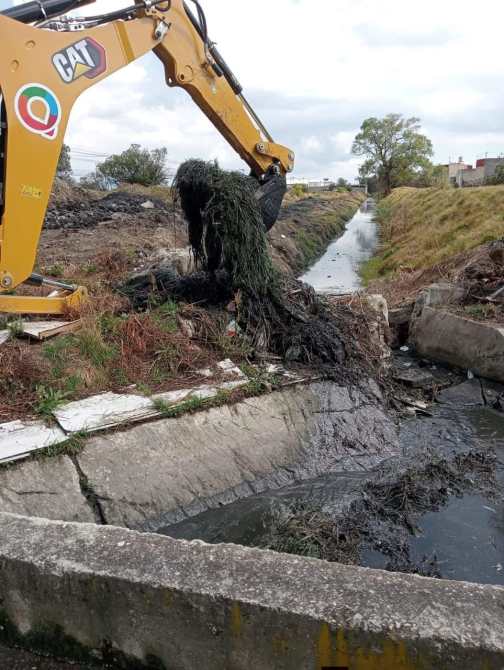 Excavadora levantando desechos y vegetación de un canal de agua.